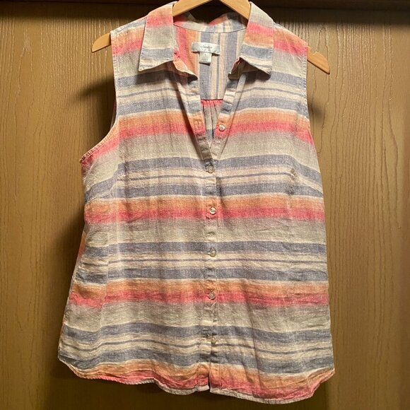 CJ Banks Women’s Striped Button Up Tank Linen Shirt Size X Costal Grandma - Picture 1 of 4